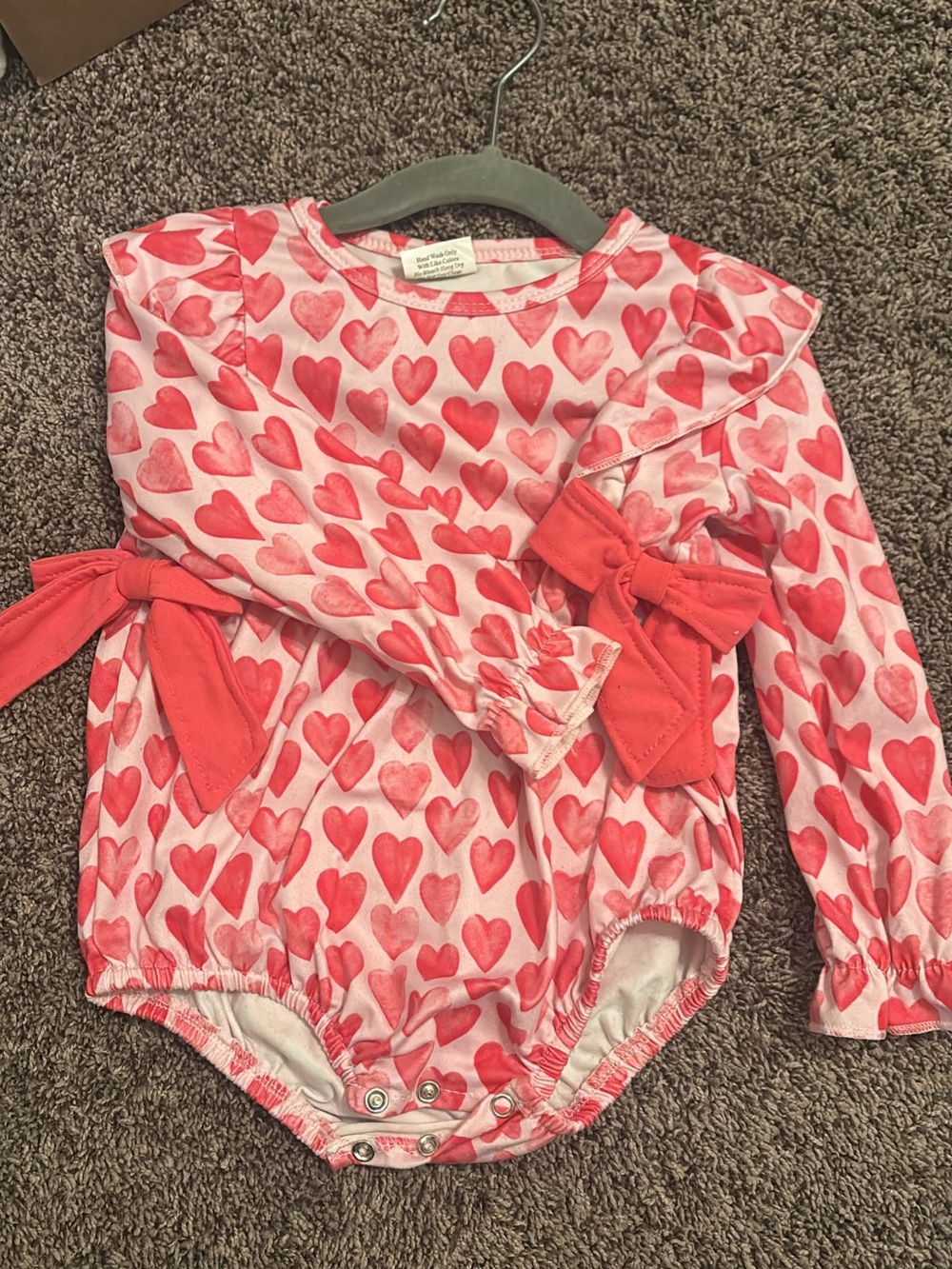 Pink Heart-Print Long Sleeve One-Piece Bodysuit with Decorative Bows